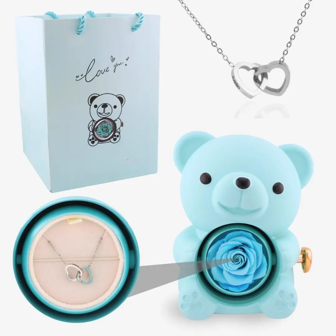 Oso de Rosa Eterna y Collar Personalizado