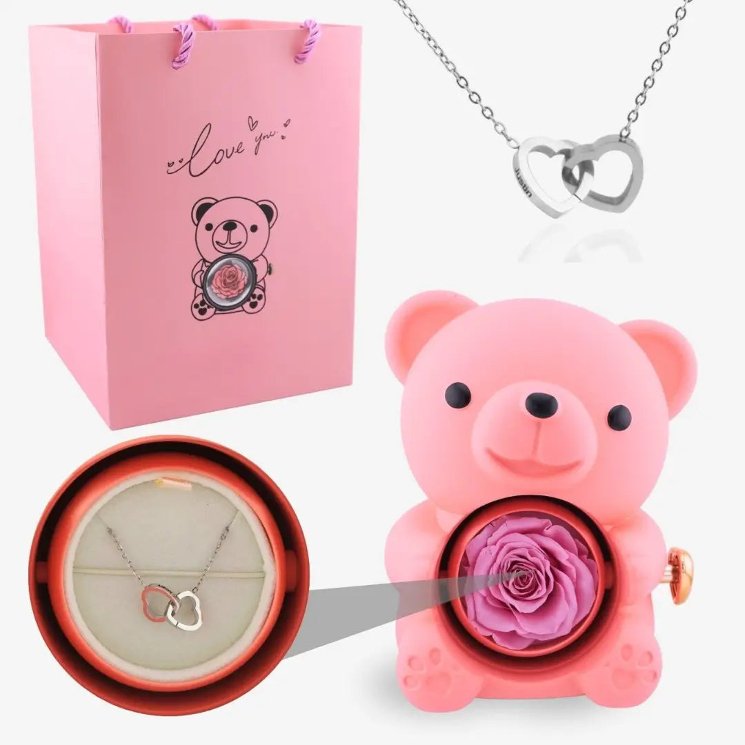 Oso de Rosa Eterna y Collar Personalizado