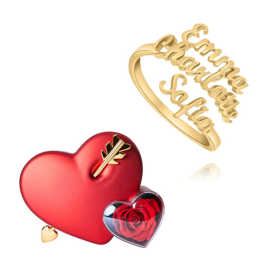 Caja Amor Eterno & Anillo Tres Nombres Grabados Personalizado