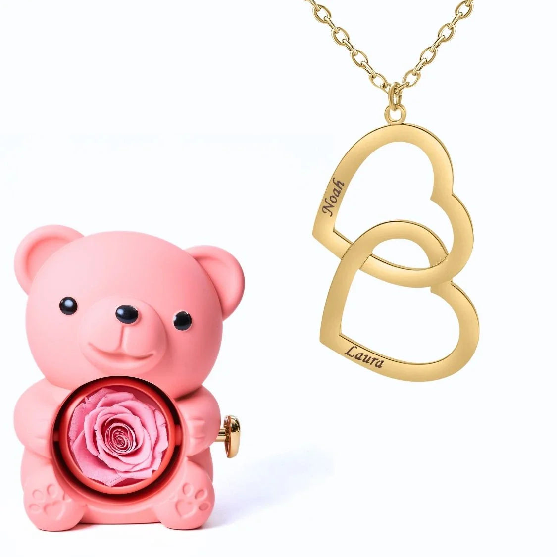 Oso Eterno & Collar Doble Corazón Personalizado con Dos Nombres