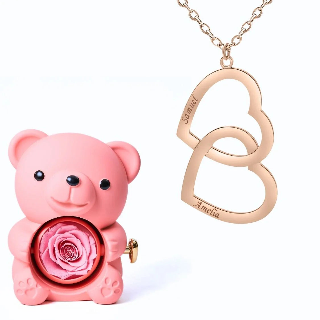 Oso Eterno & Collar Doble Corazón Personalizado con Dos Nombres
