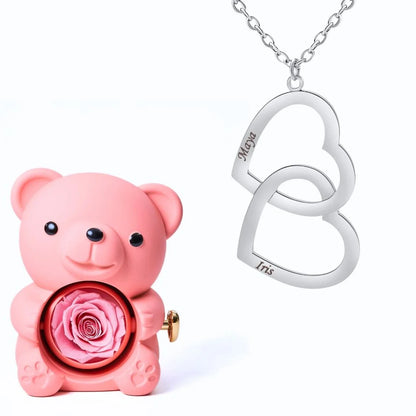 Oso Eterno & Collar Doble Corazón Personalizado con Dos Nombres