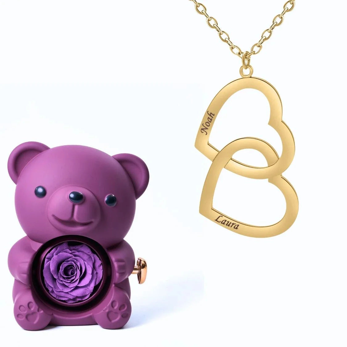 Oso Eterno & Collar Doble Corazón Personalizado con Dos Nombres