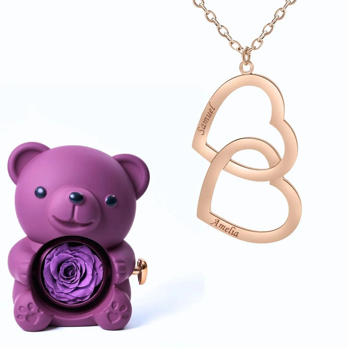 Oso Eterno & Collar Doble Corazón Personalizado con Dos Nombres