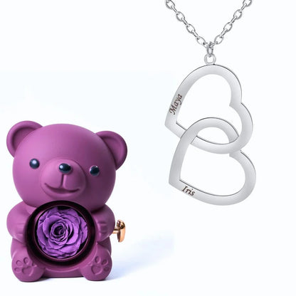 Oso Eterno & Collar Doble Corazón Personalizado con Dos Nombres
