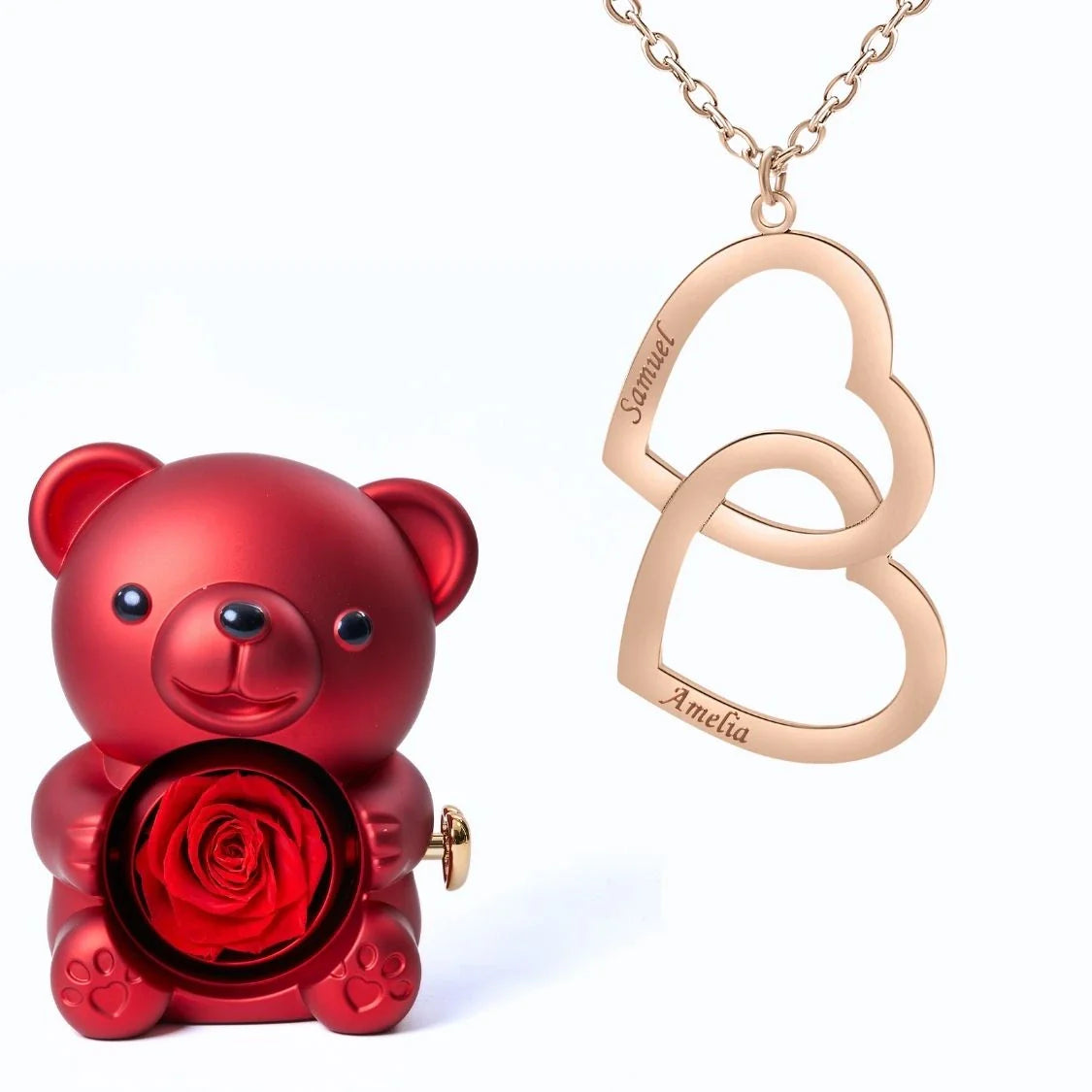 Oso Eterno & Collar Doble Corazón Personalizado con Dos Nombres