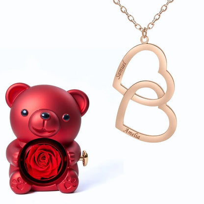 Oso Eterno & Collar Doble Corazón Personalizado con Dos Nombres
