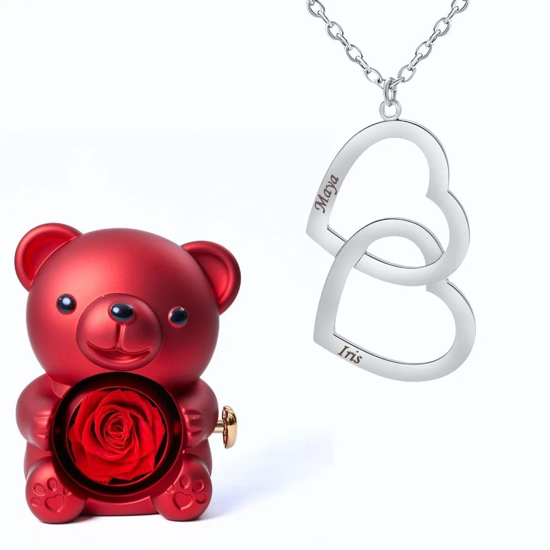 Oso Eterno & Collar Doble Corazón Personalizado con Dos Nombres