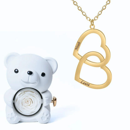 Oso Eterno & Collar Doble Corazón Personalizado con Dos Nombres