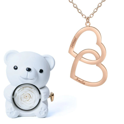 Oso Eterno & Collar Doble Corazón Personalizado con Dos Nombres