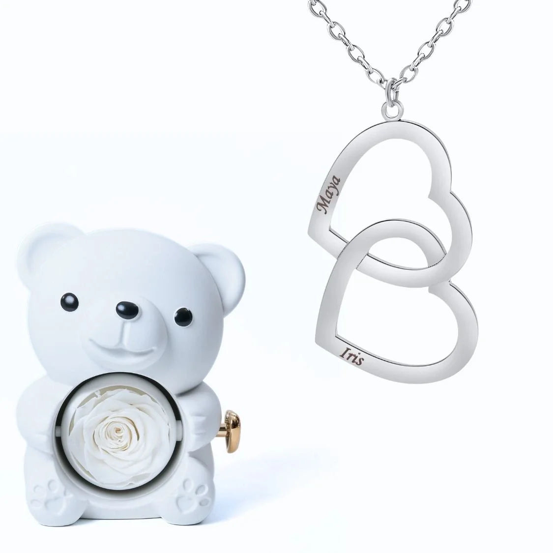 Oso Eterno & Collar Doble Corazón Personalizado con Dos Nombres