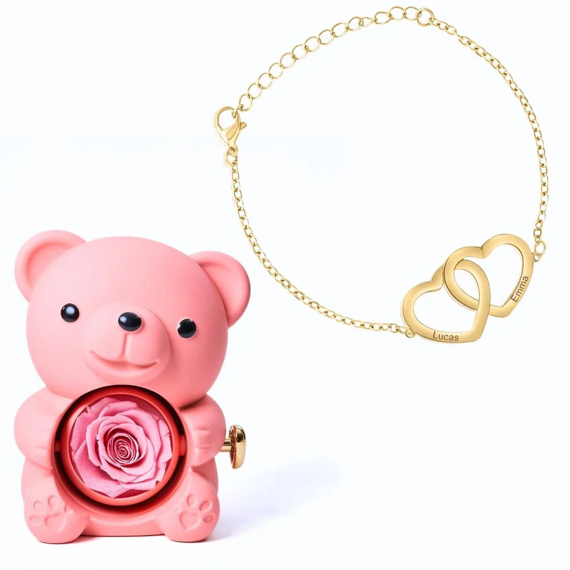 Oso Eterno & Pulsera con Corazones Entrelazados Personalizada