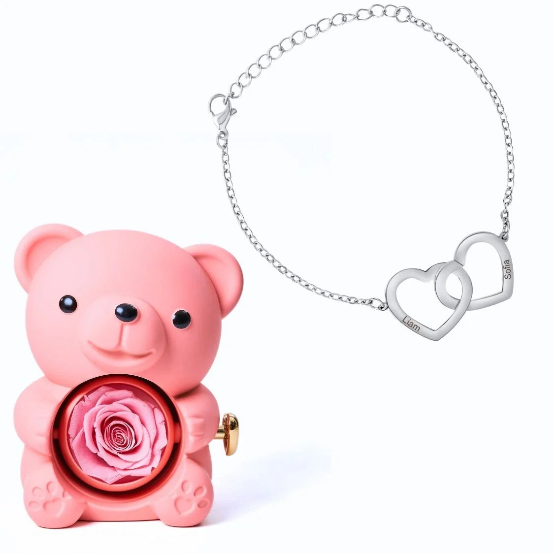 Oso Eterno & Pulsera con Corazones Entrelazados Personalizada